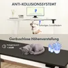 A split image showing two features of a standing desk. The top half illustrates the anti-collision system with a dog, and the bottom half shows the quiet height adjustment with a sleeping cat. Náhled obrázku produktu