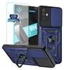 A product shot of a blue and black phone case with a screen protector and a ring stand, presented with marketing text. Produktbild-Vorschau