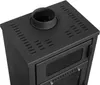 A close-up view of the top and upper front section of a black wood-burning stove. Produktbild-Vorschau