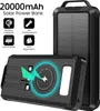 A product image showcasing a solar power bank with various features highlighted by icons and text. Produktbild-Vorschau