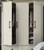 A close-up view of an open wardrobe with clothes hanging inside and shelves with items. Produktbild-Vorschau
