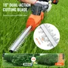 A person is using a hedge trimmer to trim a bush, with a close-up of the blade and before/after shots of a trimmed hedge. Náhled obrázku produktu