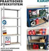 A collage of images showing a metal shelving unit and its use for storage and as a workbench. Produktbild-Vorschau