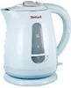 A white and light blue electric kettle with a water level indicator and a handle, placed on a light blue base. Voir les images du produit