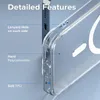 Close-up view of a transparent phone case, highlighting its features with text labels. Produktbild-Vorschau
