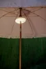 The underside of a light-colored umbrella with a built-in LED light, set against a blurred green background of grass. Produktbild-Vorschau