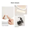 A collage of images showing details of a makeup mirror, including a touch switch, a metal base, and an electrical adapter. Voir les images du produit