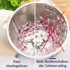 A split image showing a food processor bowl with chopped onions. The left side shows the onions chopped without issue, while the right side shows them splattered and with red 'X' marks indicating a problem. Produktbild-Vorschau
