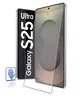 A screen protector is shown in front of a phone case with the text "Ultra S25 Galaxy" on it. A fingerprint icon is also visible. Produktbild-Vorschau