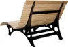A rear view of a wooden bench with a black metal frame, isolated on a white background. Voir les images du produit