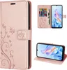 A collage of images showing a rose gold flip phone case with a floral design, including a view of the case open with cards and cash inserted, and a view of the case with the phone inside. Produktbild-Vorschau