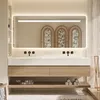 A modern bathroom vanity with a double sink and a large LED mirror. Anteprima dell’immagine prodotto