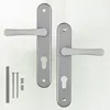 A pair of silver door handles with a keyhole escutcheon plate and mounting hardware, presented against a plain white background. Produktbild-Vorschau