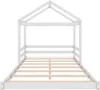 A white wooden house-shaped bed frame with a slatted base, shown from the front. Produktbild-Vorschau