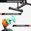 Close-up details of a weight plate rack, showing its rubber feet and weight plate holders. Produktbild-Vorschau