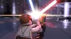 Two LEGO Star Wars characters are engaged in a lightsaber duel in a futuristic arena. Produktbild-Vorschau