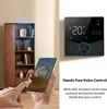 A split image showing a smart thermostat on the right and a hand holding a smartphone with a thermostat app on the left, with a bookshelf in the background. Produktbild-Vorschau