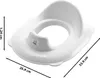 A white child's toilet seat with dimensions indicated by lines and text. Produktbild-Vorschau