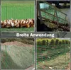A collage of four images showing green netting used as fencing for chickens, a slope, and garden plants, with text overlay. Produktbild-Vorschau