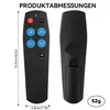 Two views of a black remote control, with dimensions and weight indicated. Produktbild-Vorschau