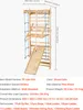 A wooden indoor climbing frame with various accessories, including a slide, ropes, and rings, shown against a white background with dimensions and product details overlaid. Anteprima dell’immagine prodotto