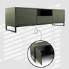 A green TV cabinet with a black metal frame is shown, with a close-up inset of one of its open compartments. Náhled obrázku produktu