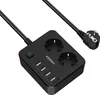 A black power strip with two outlets and four USB ports, connected to a black power cord with a European-style plug. Voir les images du produit