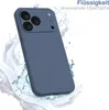 A blue iPhone case is shown with water splashing around it, suggesting water resistance. Produktbild-Vorschau
