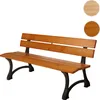 A wooden park bench with black metal legs, shown against a white background. Produktbild-Vorschau