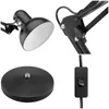 A collage of four close-up images of a black desk lamp, showing its different parts: the lamp head, the adjustable arm mechanism, the base, and the power cord with a switch. Produktbild-Vorschau