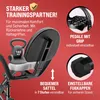 Marketing image for a home trainer, highlighting features like comfortable saddle, adjustable pedals, and stable feet. Produktbild-Vorschau