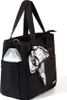 A black diaper bag with a bottle in a side pocket and a scarf tied to the handle. Produktbild-Vorschau
