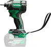 A HiKOKI Akku-Schlagschrauber (1/4") 18V WH18DC (Basic) is shown against a white background. The tool is black and green with a gray battery pack attached. A black wrist strap is connected to the tool. Voir les images du produit