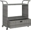 A gray poly rattan bar cart with two shelves and a drawer, shown from the front on a white background. Náhled obrázku produktu