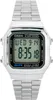 A digital watch with a silver metal band and a black face displaying the time and date. Produktbild-Vorschau