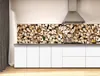 A modern kitchen with white cabinets and a backsplash featuring a wood log pattern. Podgląd zdjęcia produktu