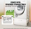 A white washing machine pedestal with a drawer is shown, with a close-up inset of the open drawer filled with laundry supplies. Voir les images du produit