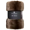 A brown faux fur throw blanket is rolled up and presented on a white background with a black band around it displaying product information. Náhled obrázku produktu