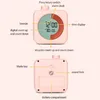 A pink digital timer is shown from the front and back with labels pointing out its features. Náhled obrázku produktu