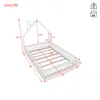 A white house-shaped bed frame with dimensions indicated by red lines and numbers. Produktbild-Vorschau