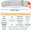 A close-up of a modern LED ceiling light with a hand pointing to its dimensions and a table of product specifications. Produktbild-Vorschau