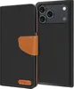 A black flip case for a smartphone is shown open, revealing the phone's camera array. Produktbild-Vorschau