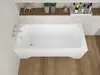 A white bathtub with chrome fixtures is shown in a bathroom setting with wooden flooring and a shelf above with decorative items. Produktbild-Vorschau