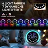 A collage showing a digital alarm clock with RGB night light features, with text highlighting its capabilities and a lifestyle shot of the clock in a festive setting. Produktbild-Vorschau