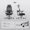 Diagrams showing the dimensions and specifications of an ergonomic office chair. Náhled obrázku produktu
