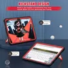 A tablet case with a kickstand is shown in two different angles, demonstrating its viewing and typing positions. The case is red and black, and the tablet screen displays a cartoon character and a keyboard. Produktbild-Vorschau