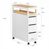 A diagram showing the dimensions of a white rolling storage cart with a wooden top. Produktbild-Vorschau