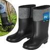 A collage showing a pair of black rubber boots with gray felt cuffs, one boot in use in a garden setting and the other displayed prominently. Náhled obrázku produktu