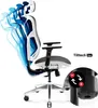 A white and black ergonomic office chair with blue accents is shown from a side-angle. The chair's backrest is depicted with multiple overlapping, translucent blue shapes, suggesting movement or adjustability. A close-up inset shows a detail of the chair's Anteprima dell’immagine prodotto