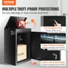 A black parcel box with its doors open, showing a package inside. Several callouts highlight theft-proof features. Produktbild-Vorschau